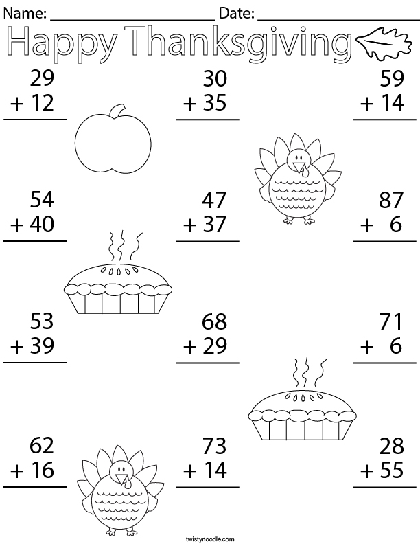 Thanksgiving Addition Worksheets For 3rd Grade